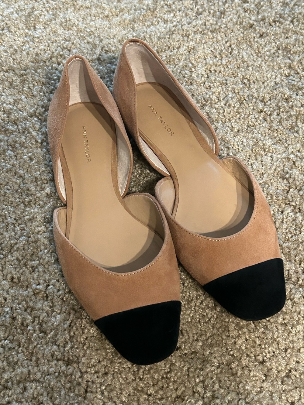 Ann Taylor Suede Two-Tone Tan and Black D'Orsay Flats
